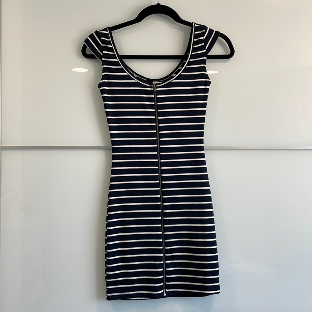 Navy Blue Zip Up Tight Stripe Dress